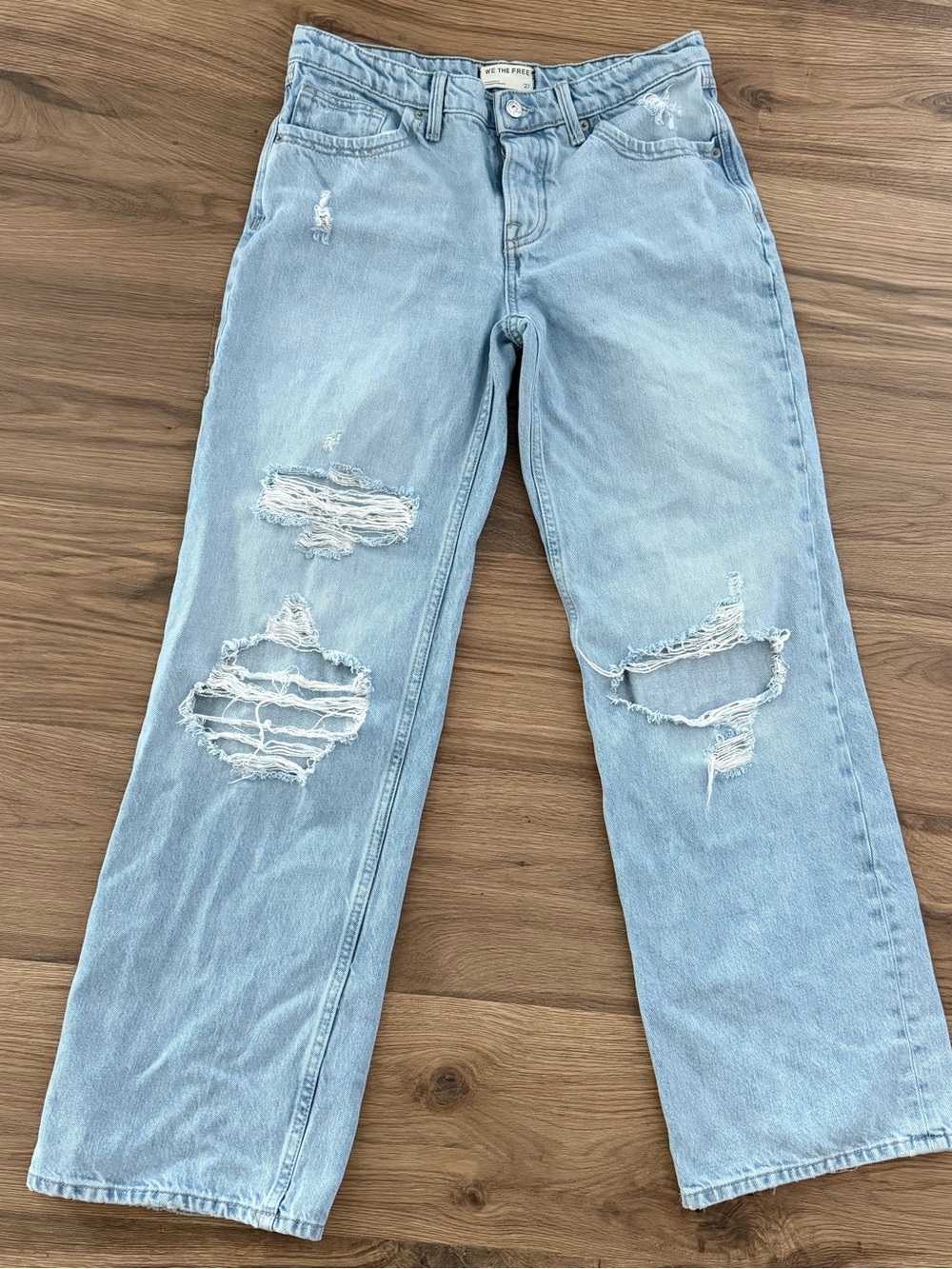 We The Free Free People Size 27 Distressed Wide Leg Jeans Light Wash 100% Cotton